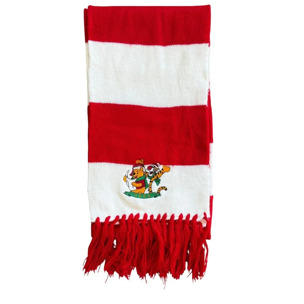 Vintage 1995 Disney Winnie the Pooh Tigger Knit Scarf Red White‎ Striped Holiday